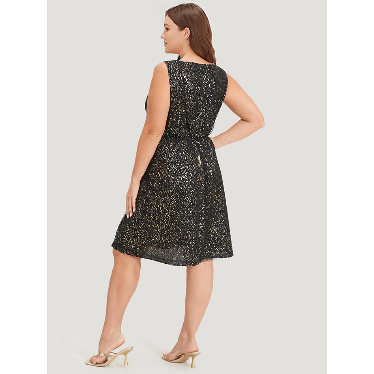 Plus Size Leopard Glitter Pocket Mesh Ribbon Tank Dress Black Women Party Ribbon V-neck Sleeveless Curvy Knee Dress BloomChic 10/M Product Image