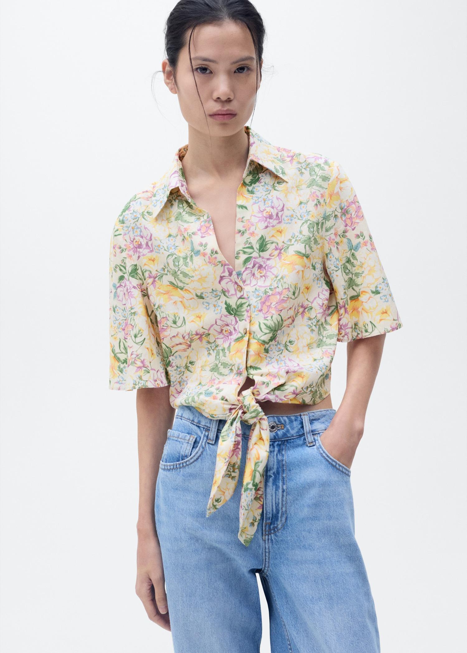 Floral linen shirt with knot detail - Women | MANGO USA Product Image