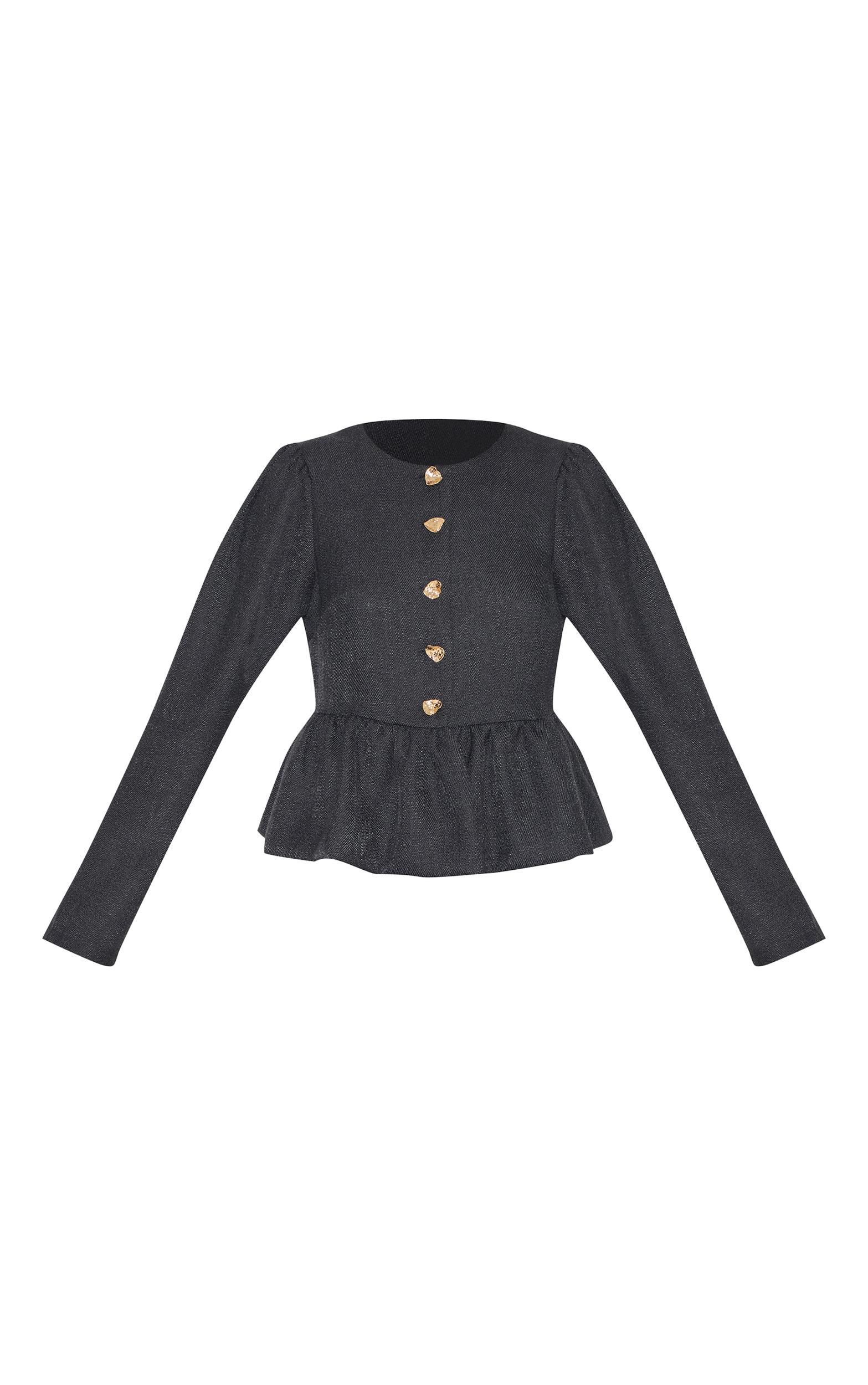 Black Button Up Peplum Balloon Sleeve Jacket Product Image