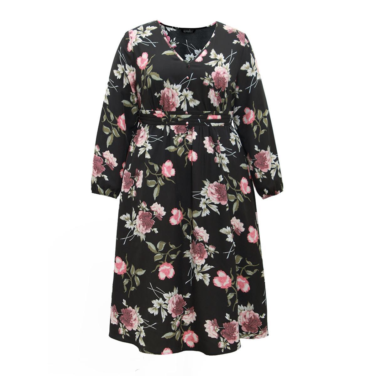 Plus Size Floral Print Pocket Button Detail Pleated Dress BlackFlower Women Elegant Elastic cuffs V-neck Long Sleeve Curvy Midi Dress BloomChic 12/L Product Image