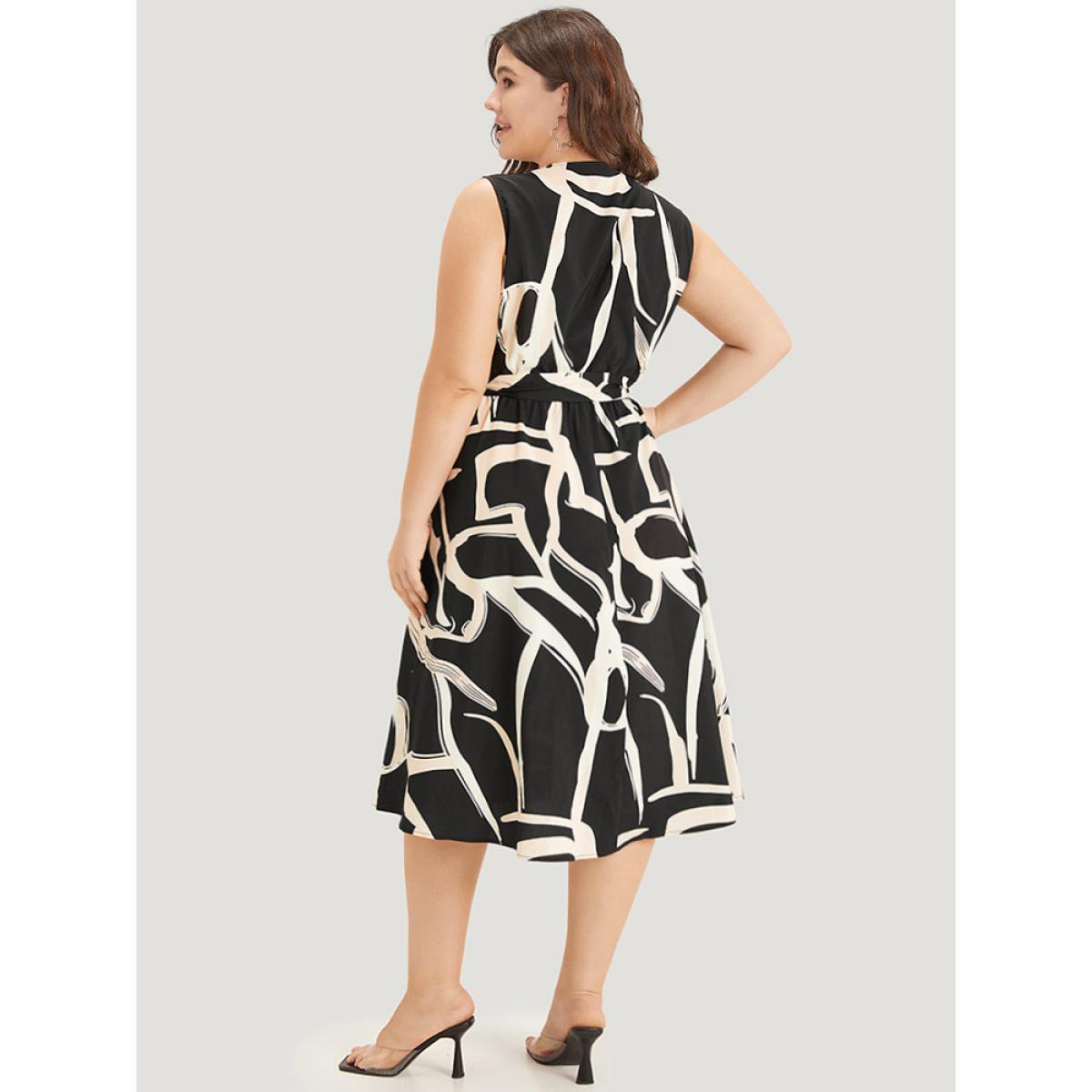 Plus Size Geometric Print Pocket Notched Belted Tank Dress Black Women Office Gathered Notched collar Sleeveless Curvy Midi Dress BloomChic 22-24/3X Product Image