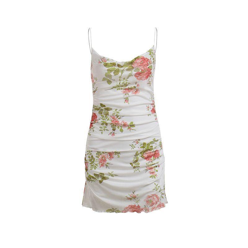 Spaghetti Strap Floral Print Mesh Mini Bodycon Dress Product Image