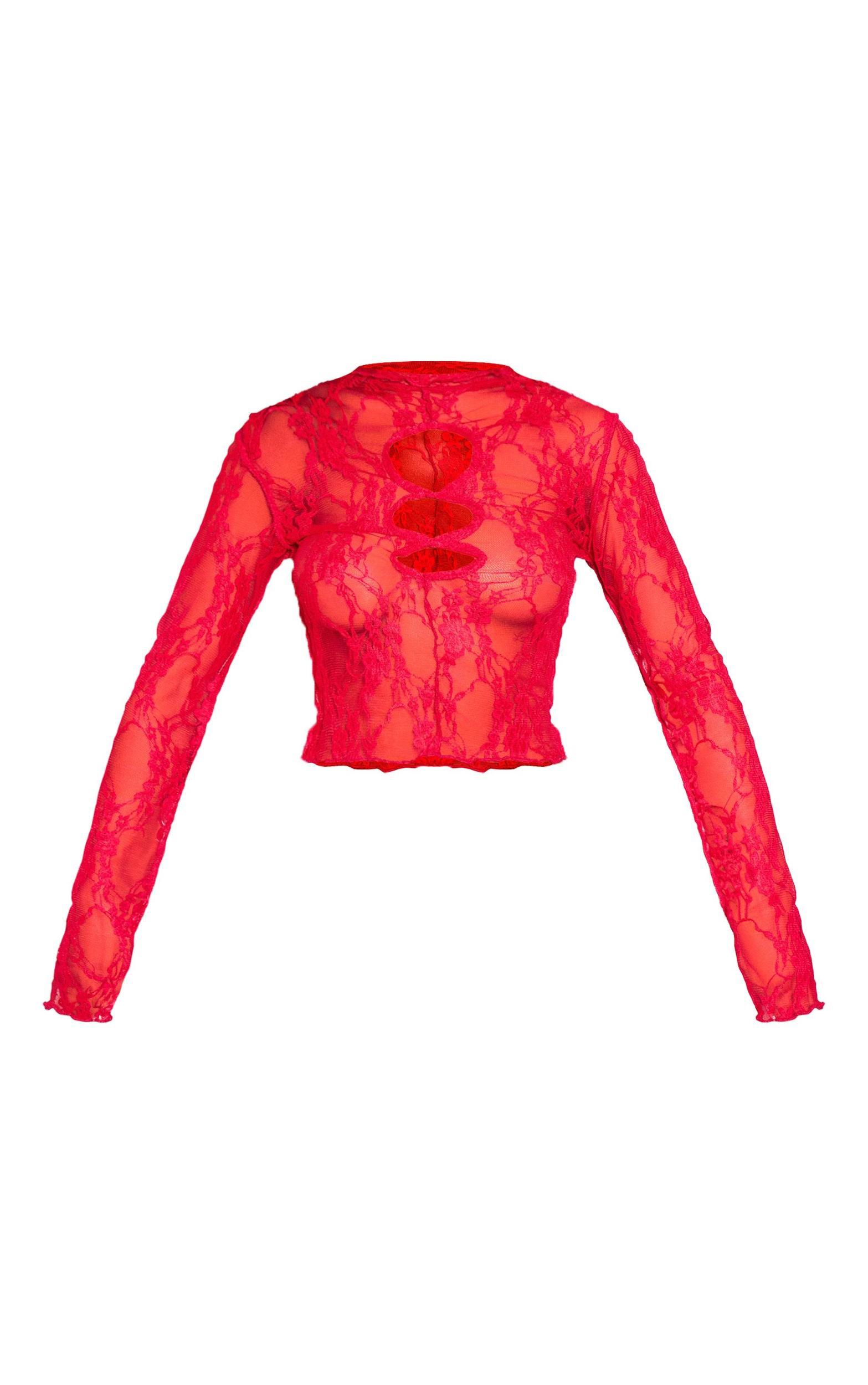 Red Lace Cut Out Long Sleeve Crop Top Product Image