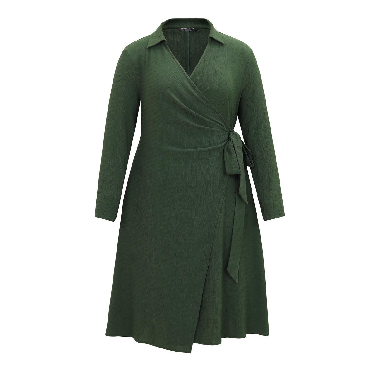 Plus Size Plisse Surplice Neck Bowknot Side Wrap Hem Dress ArmyGreen Women Casual Texture Overlap Collar Long Sleeve Curvy Midi Dress BloomChic 10/M Product Image