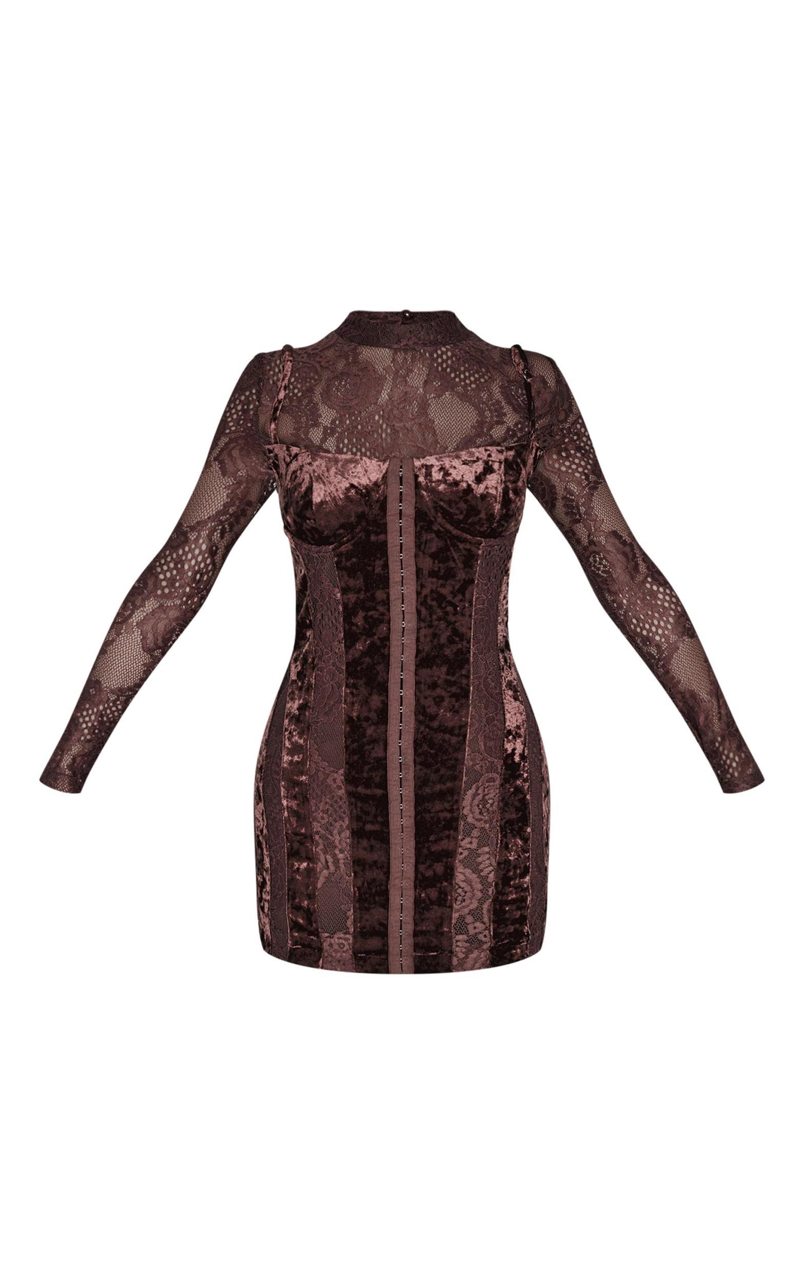 Petite Chocolate Crushed Velvet Long Sleeve Lace Detail Mini Dress Product Image