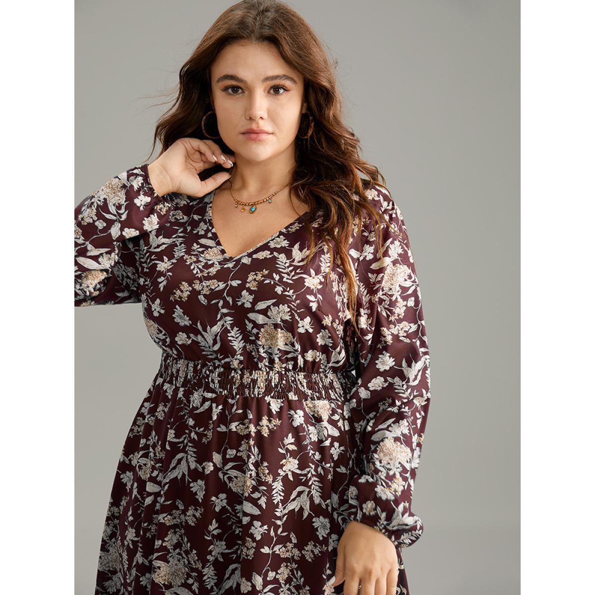 Plus Size Floral Shirred Pocket Lantern Sleeve Dress Burgundy Women Elegant Elastic cuffs V-neck Long Sleeve Curvy Midi Dress BloomChic 22-24/3X Product Image