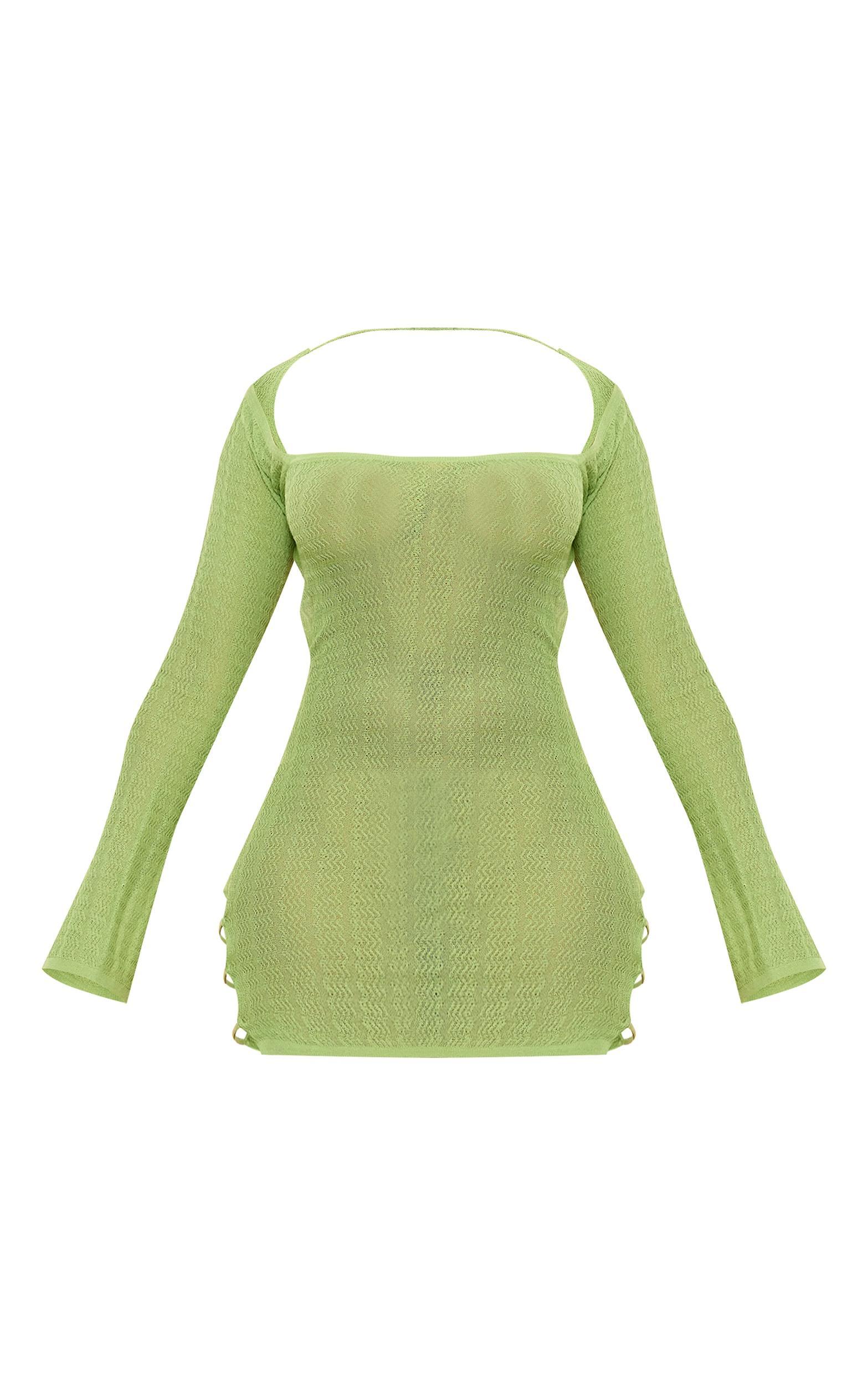 Shape Sage Green Knit Sheer Cut Out Long Sleeve Bodycon Dress Product Image