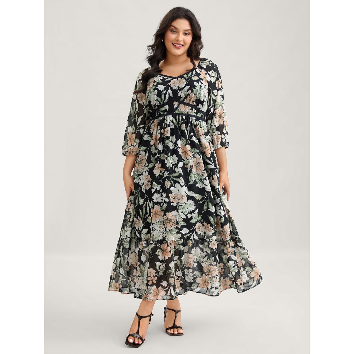 Plus Size Floral Heart Neckline Woven Ribbon Gathered Dress Black Women Elegant Woven ribbon&lace trim Heart neckline Elbow-length sleeve Curvy BloomChic 30/6X Product Image