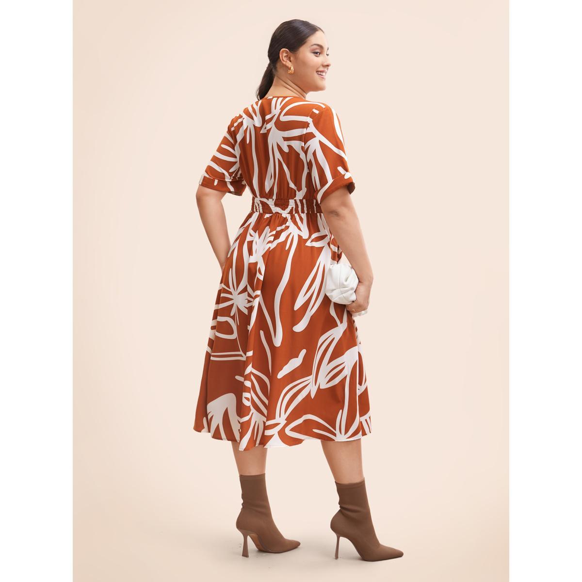 Plus Size Graffiti Overlap Collar Shirred Midi Dress Coral Women At the Office Overlapping Overlap Collar Short sleeve Curvy BloomChic 10/M Product Image