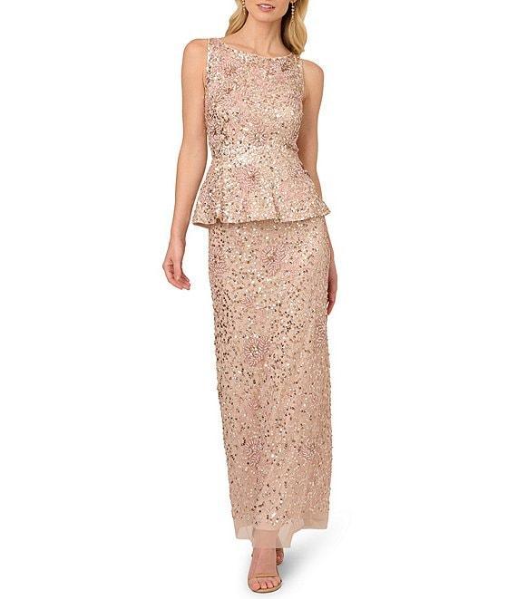 Adrianna Papell Beaded Mesh Boat Neck Sleeveless Peplum Gown Product Image
