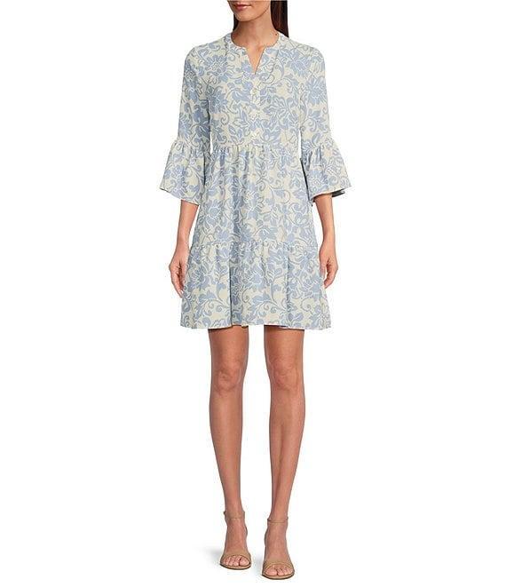 Leslie Fay Button Down Neck 3/4 Bell Sleeve Fit and Flare Dress Product Image