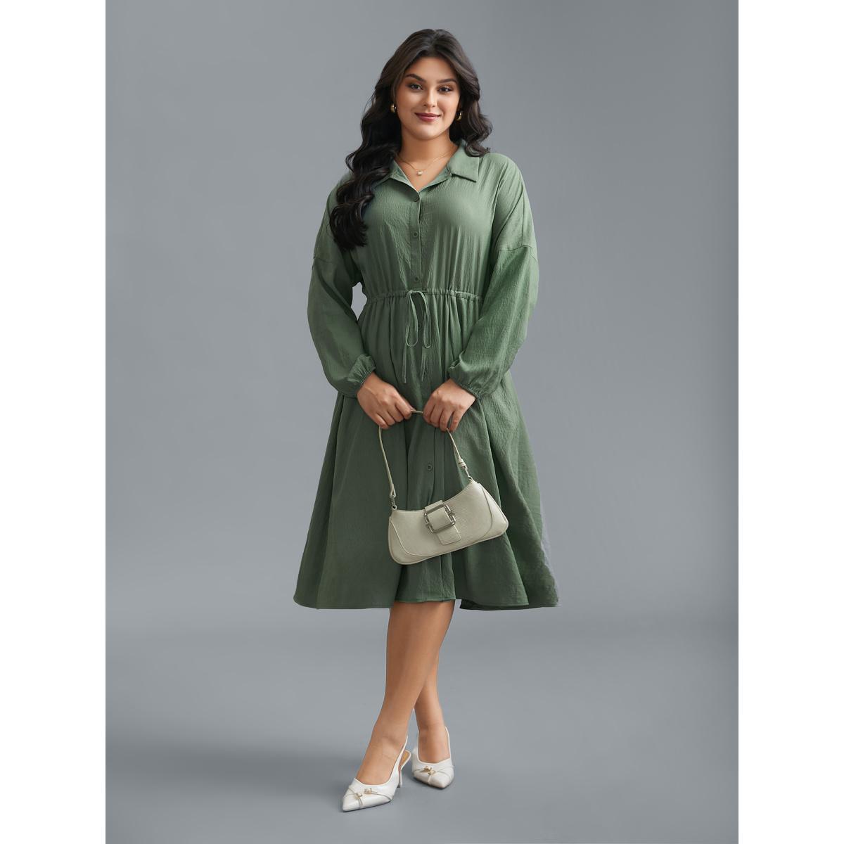 Plus Size Shirt Collar Tie-Waist Drop Dress Moss Women At the Office Tie knot Shirt collar Long Sleeve Curvy BloomChic 12/L Product Image