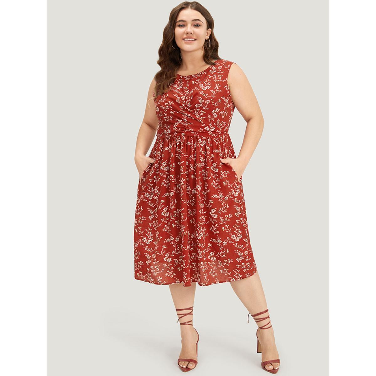 Plus Size Ditsy Floral Crossover Crew Neck Pocket Sleeveless Dress Red Women Elegant Printed Round Neck Sleeveless Curvy Midi Dress BloomChic 12/L Product Image