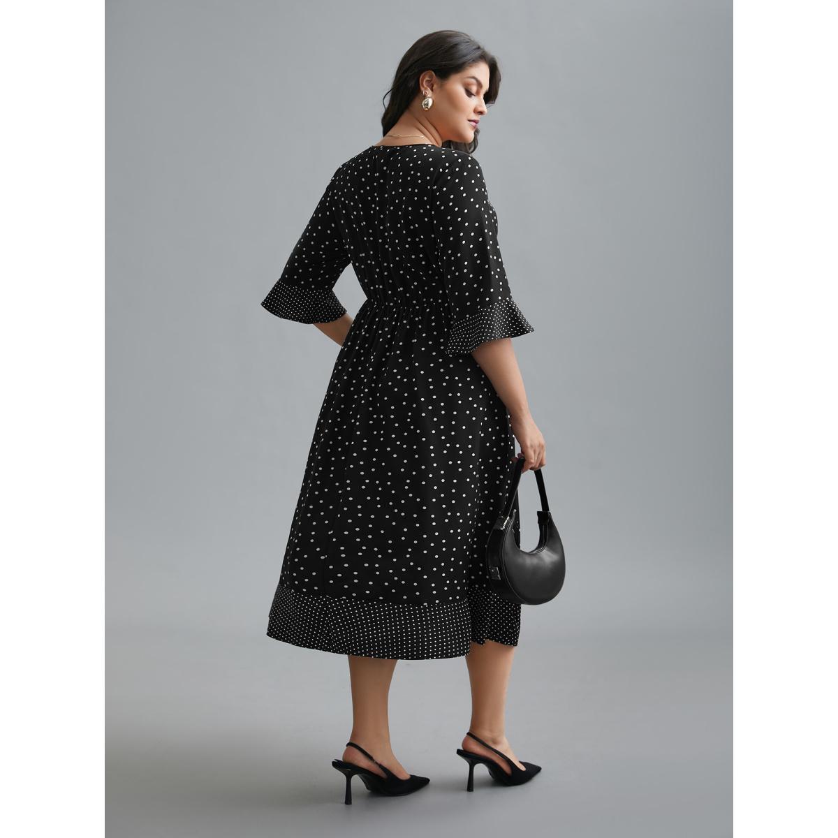 Plus Size Crew Neck Polka Dot Waist Cinched Dress Black Women At the Office Patchwork Round Neck Elbow-length sleeve Curvy BloomChic 14-16/1X Product Image