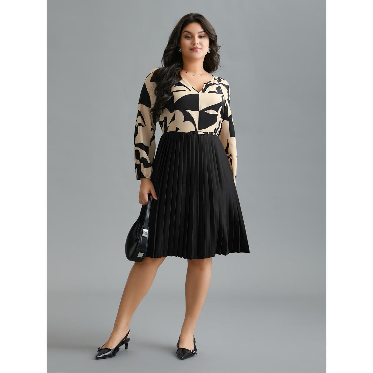 Plus Size Notched Geometric Print Pleated Dress Black Women At the Office Pleated Flat collar with V-notch Long Sleeve Curvy BloomChic 18-20/2X Product Image