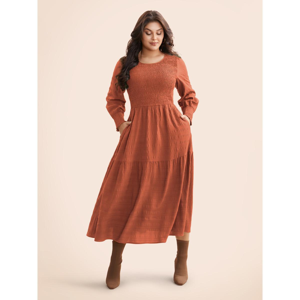 Plus Size Plain Textured Shirred Midi Dress Rust Women Elegant Texture Round Neck Long Sleeve Curvy BloomChic 28/5X Product Image