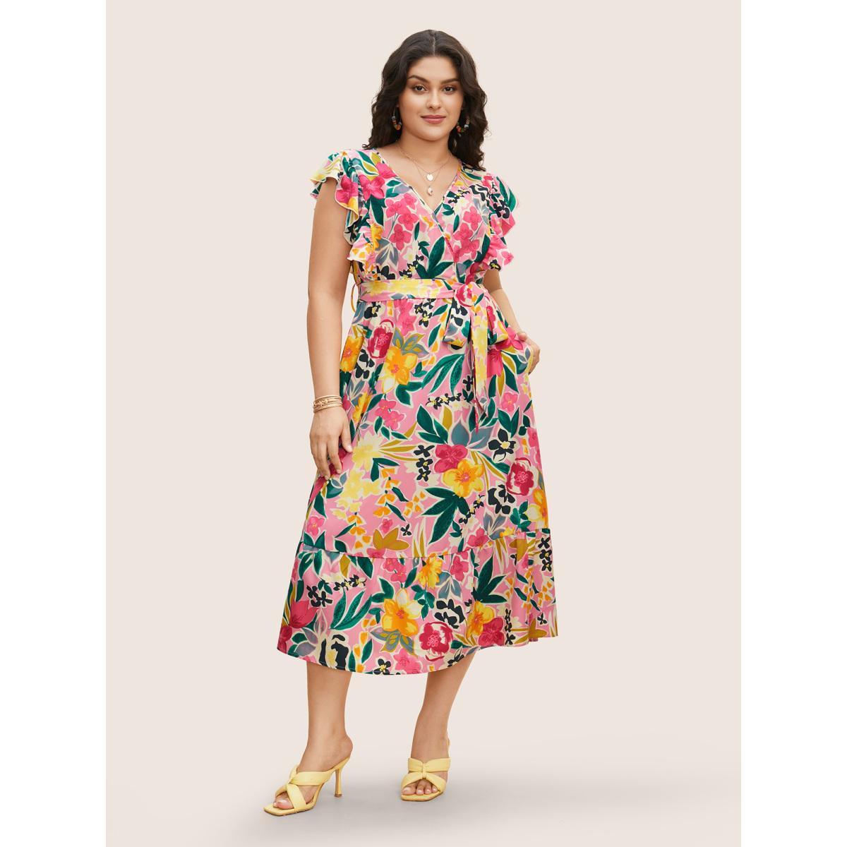 Plus Size Floral Wrap Patchwork Ruffle Cap Sleeve Dress Lightpink Women Resort Belted V-neck Cap Sleeve Curvy BloomChic 22-24/3X Product Image