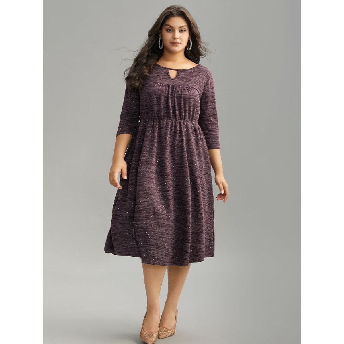 Plus Size Glitter Keyhole Gathered Elastic Waist Dress Purple Women Elegant Rib Knit Keyhole Cut-Out Elbow-length sleeve Curvy Midi Dress BloomChic 18-20/2X Product Image