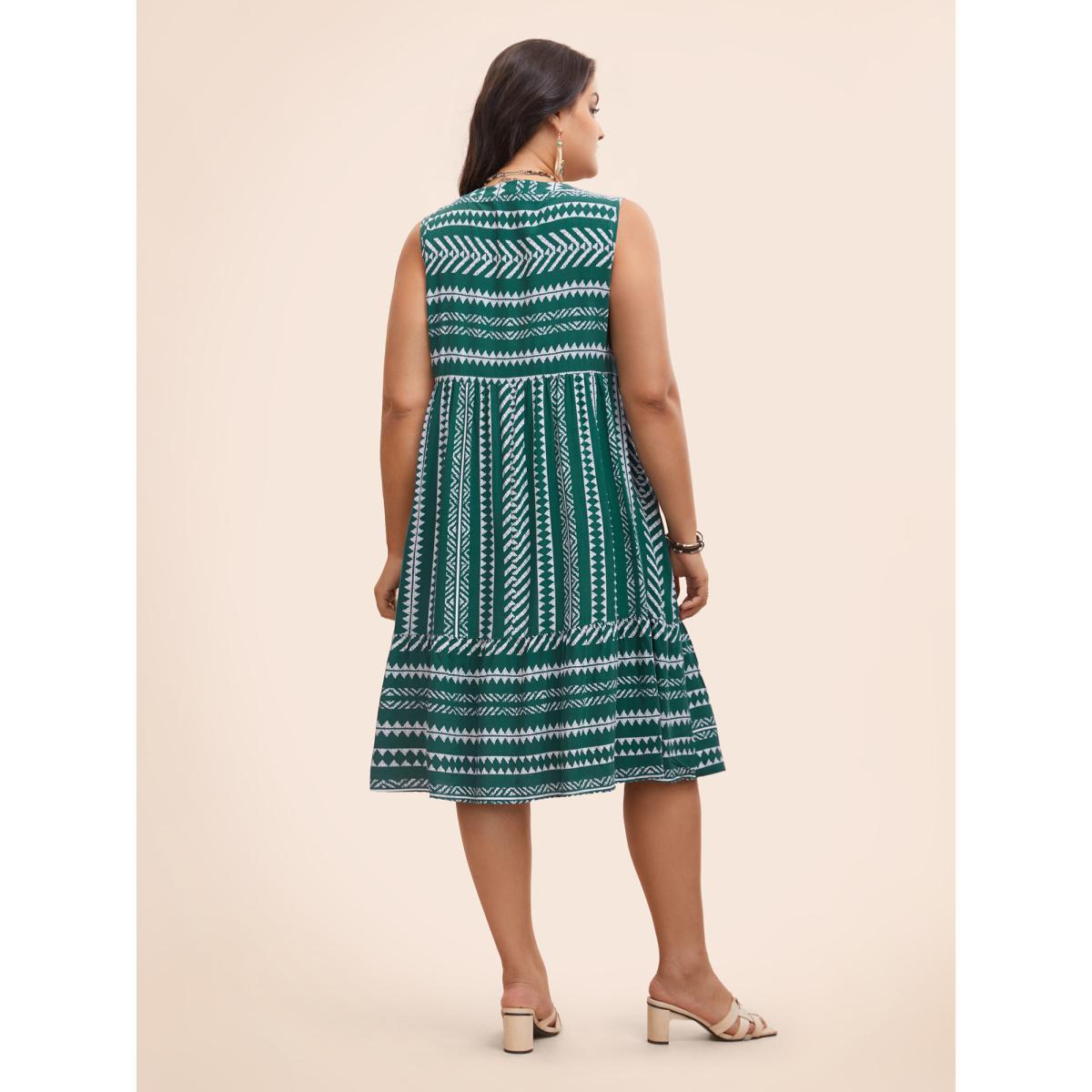 Plus Size Striped Geometric Pocket Ruffle Hem Sleeveless Tank Dress DarkGreen Women Casual Non V-neck Sleeveless Curvy BloomChic 10/M Product Image