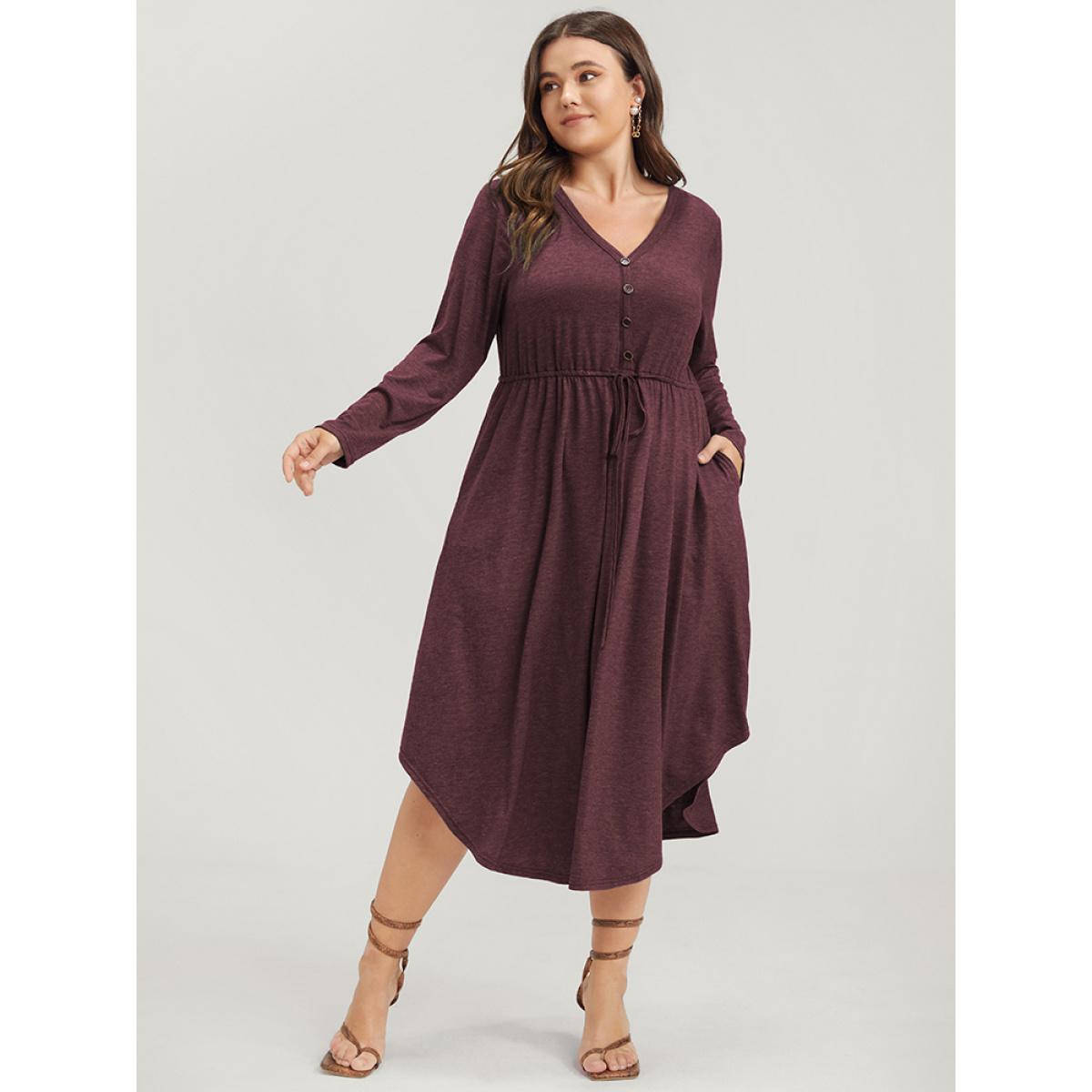 Plus Size Solid Pocket Button Asymmetrical Hem Ties Midi Dress Black Women Casual Patchwork V-neck Long Sleeve Curvy Midi Dress BloomChic 28/5X Product Image