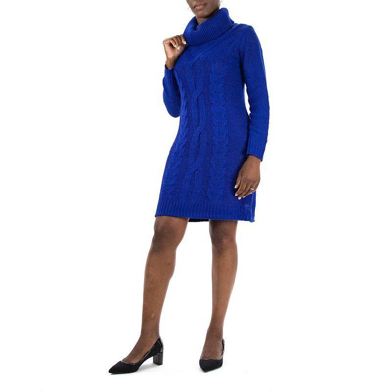 Women's Nina Leonard Cable-Knit Cowlneck Sweater Dress, Size: Large, Deep Blue Product Image