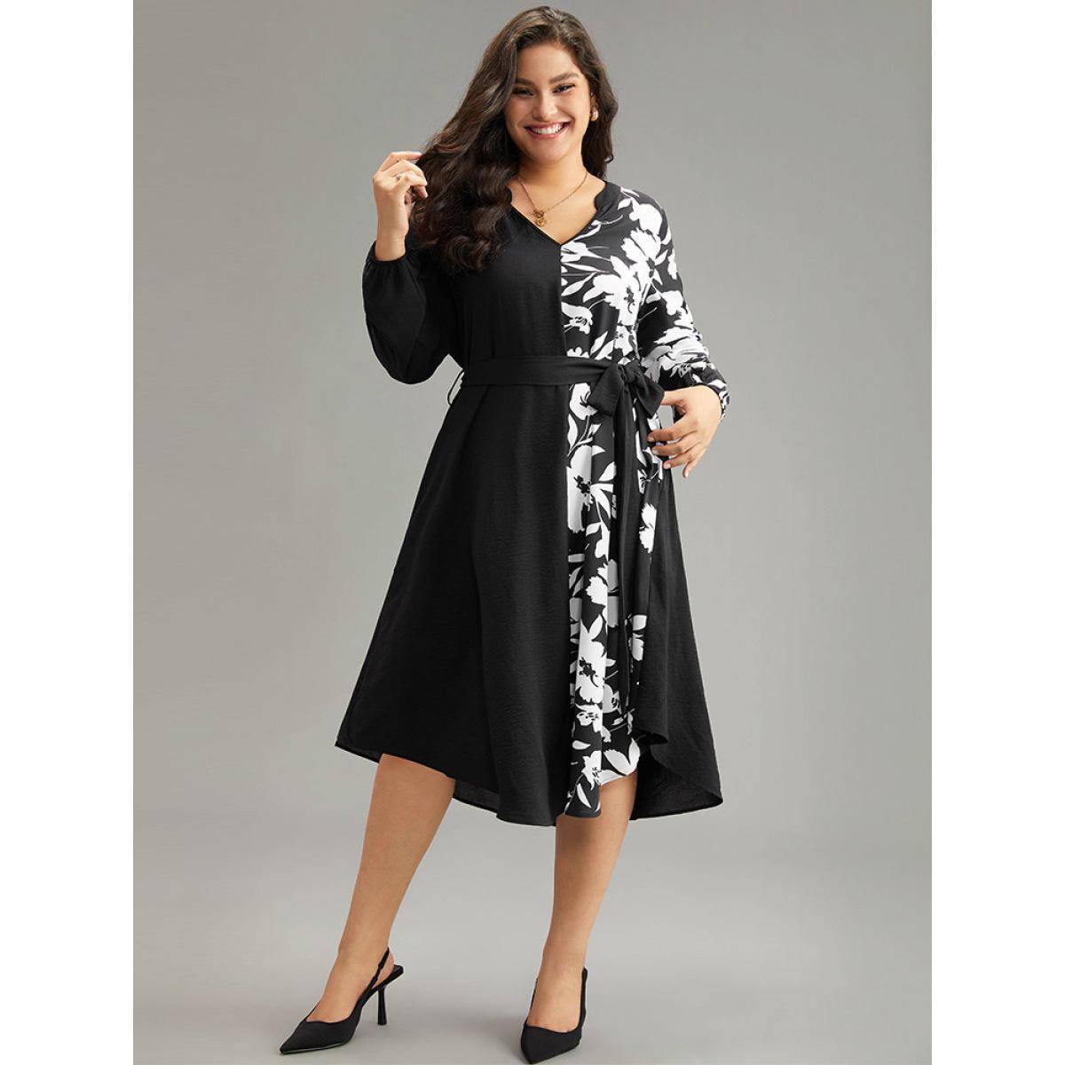 Plus Size Silhouette Floral Print Patchwork Pocket Dress Black Women Office Elastic cuffs Notched collar Long Sleeve Curvy Midi Dress BloomChic 26/4X Product Image