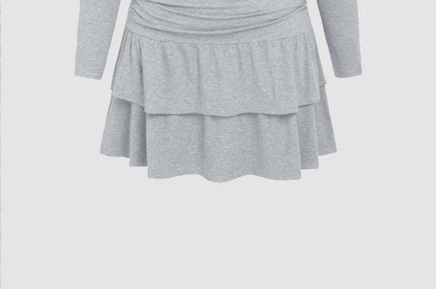 Plus Size Long-Sleeve Scoop Neck Henley Melange Tiered Mini A-Line Dress Product Image