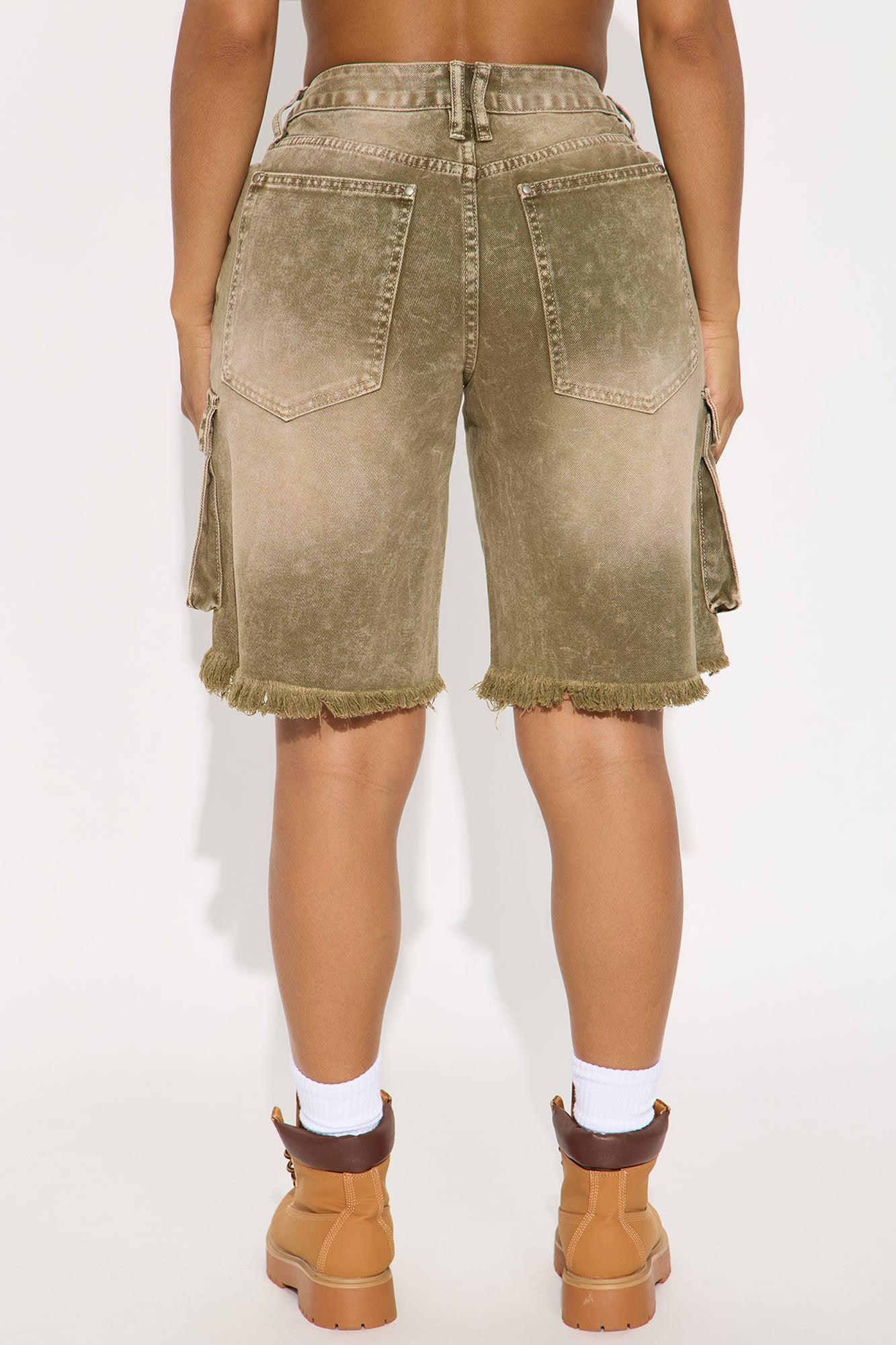 Live And Learn Cargo Denim Jorts - Olive Product Image