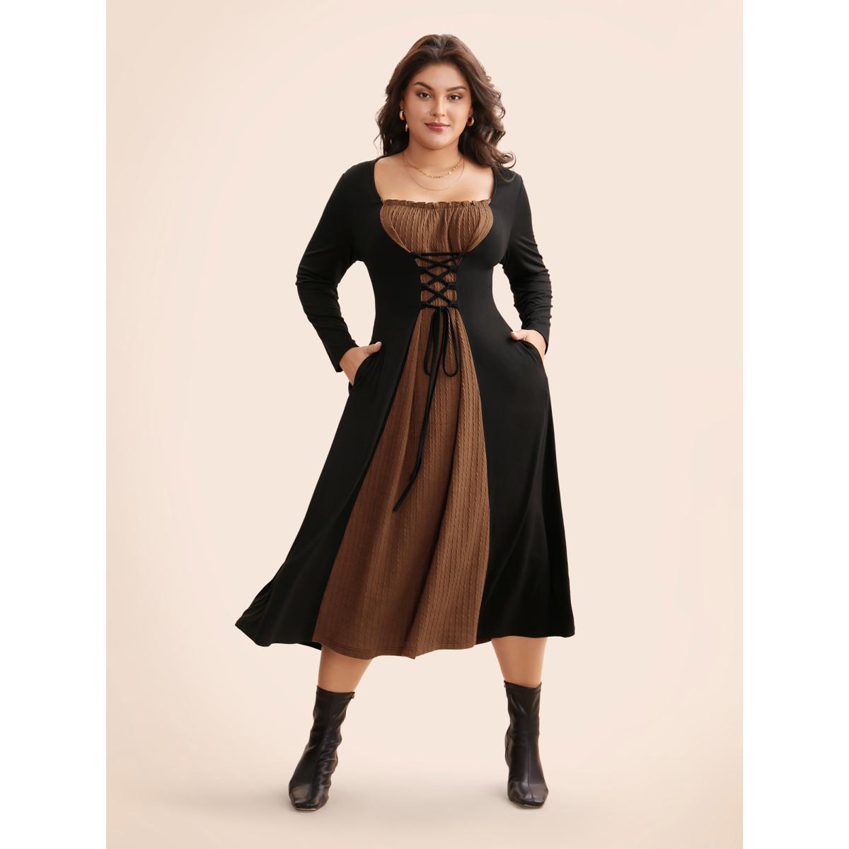 Plus Size Square Neck Textured Patchwork Crisscross Dress Yellowishbrown Women Elegant Wraparound straps Square Neck Long Sleeve Curvy BloomChic 30/6X Product Image