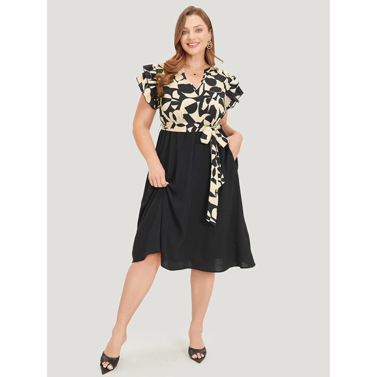Plus Size Geometric Pocket Belted Ruffle Sleeve Notched Dress Tan Women Office Plain Notched collar Cap Sleeve Curvy Midi Dress BloomChic 22-24/3X Product Image