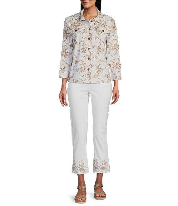 Multiples Allover Embroidery Point Collar 3/4 Sleeve Button-Front Twill Jacket Product Image