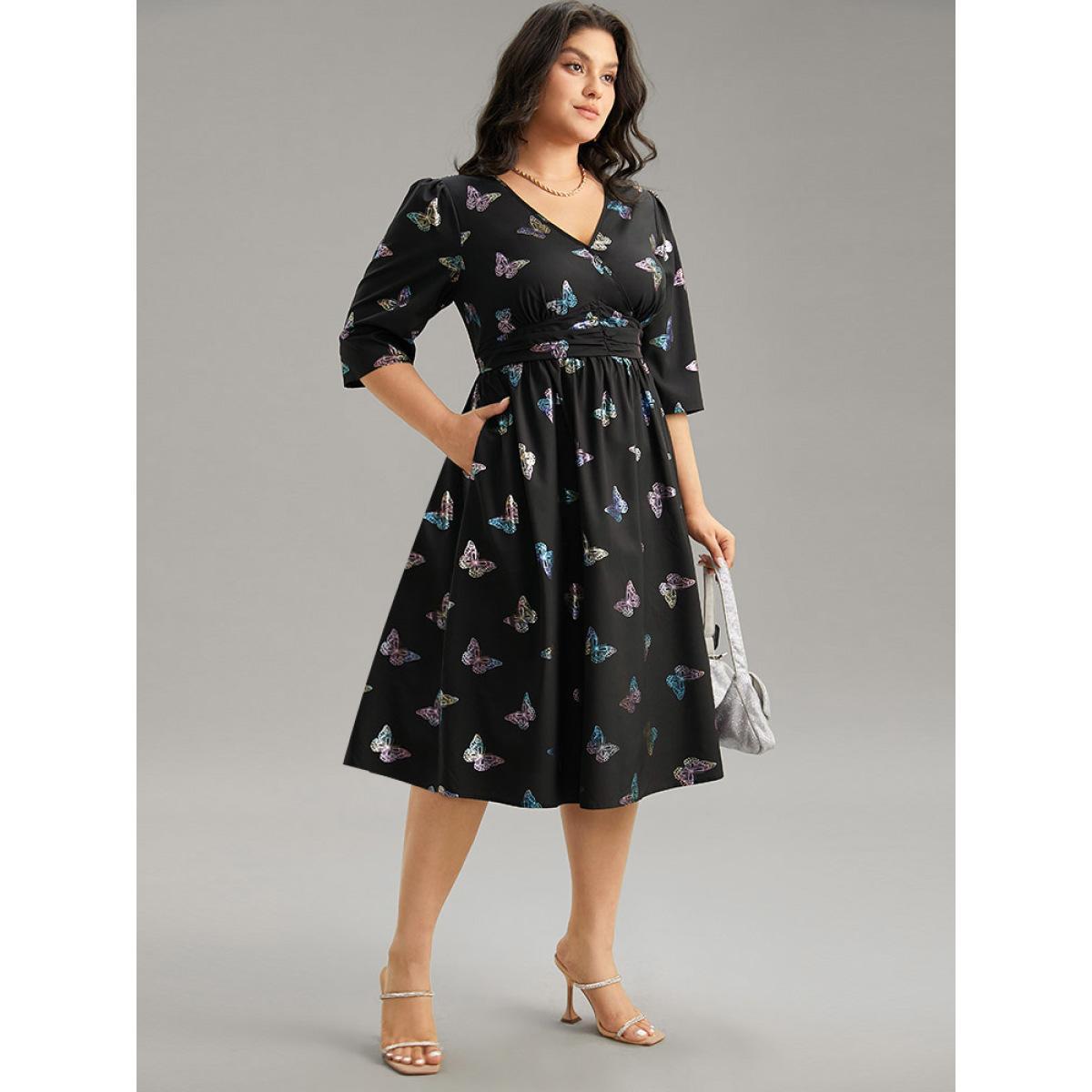 Plus Size Butterfly Glitter V Neck Ruched Dress Black Women Party Wrap Overlap Collar Half Sleeve Curvy Midi Dress BloomChic 12/L Product Image