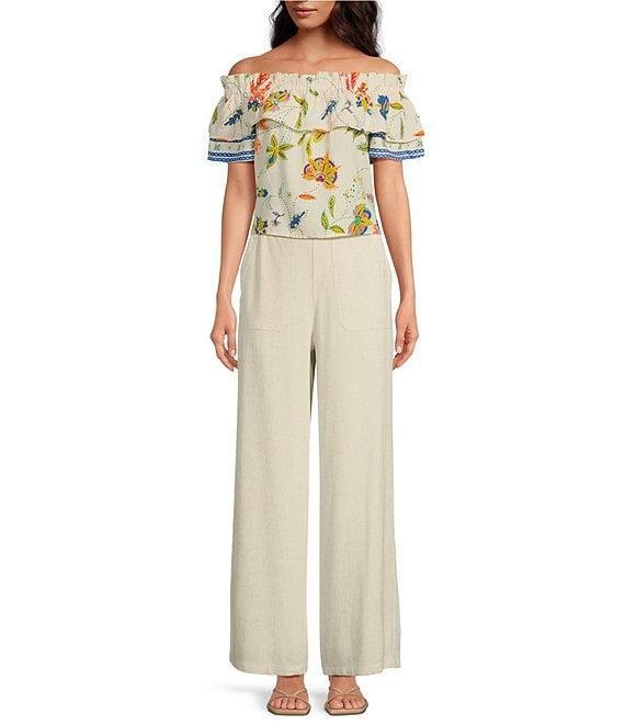 Sugarlips Linen Floral Print Off the Shoulder Short Sleeve Top Product Image