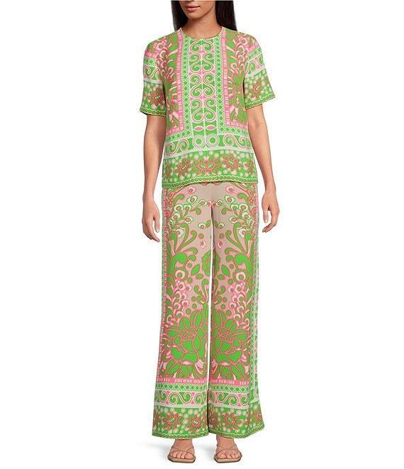 Trina Turk Riggs Woven Placed Print Crew Neck Short Sleeve Top Product Image