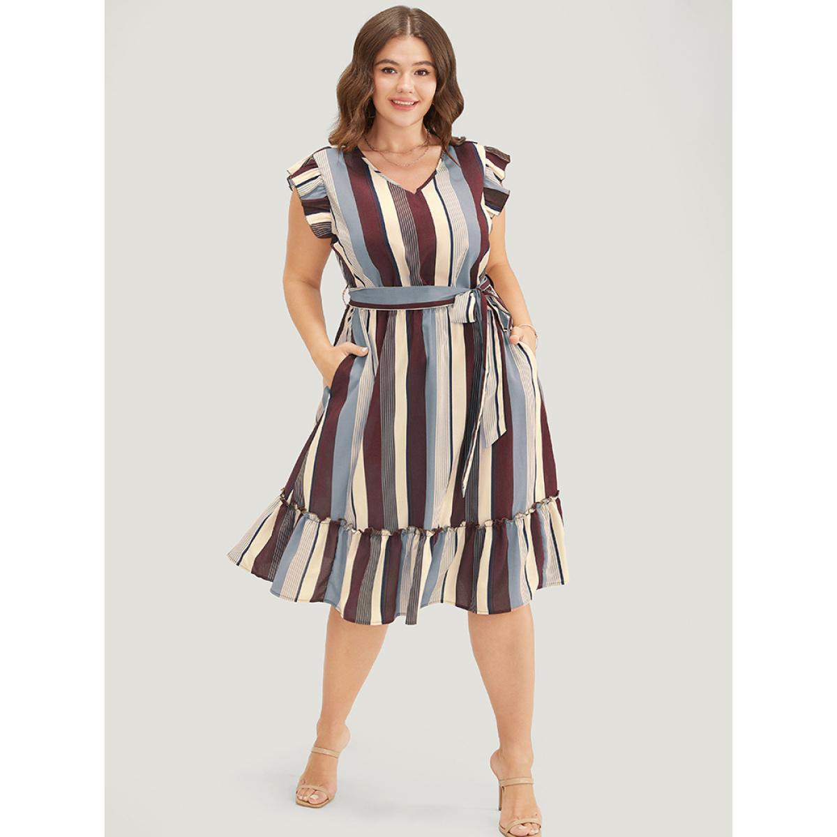Plus Size Striped Contrast Cap Sleeve Belted Pocket Ruffle Hem Dress Burgundy Women Vacation Contrast V-neck Cap Sleeve Curvy Knee Dress BloomChic 26/4X Product Image