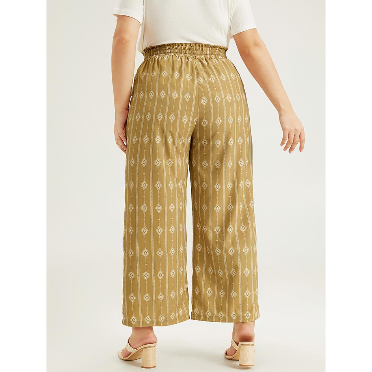 Plus Size Boho Print Drawstring Elastic Waist Pants Women Yellow Vacation Straight Leg High Rise Dailywear Pants BloomChic 14-16/1X Product Image