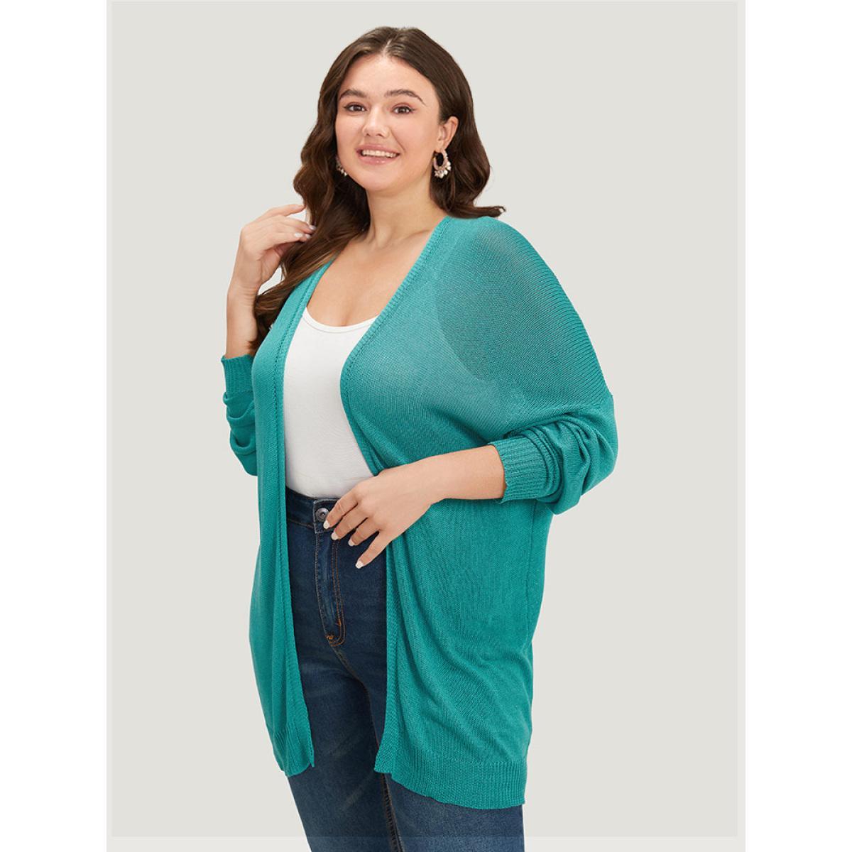 Plus Size Plain Open Front Loose Slightly Stretchy Cardigan Emerald Women Casual Loose Long Sleeve Everyday Cardigans BloomChic 14-16/1X Product Image