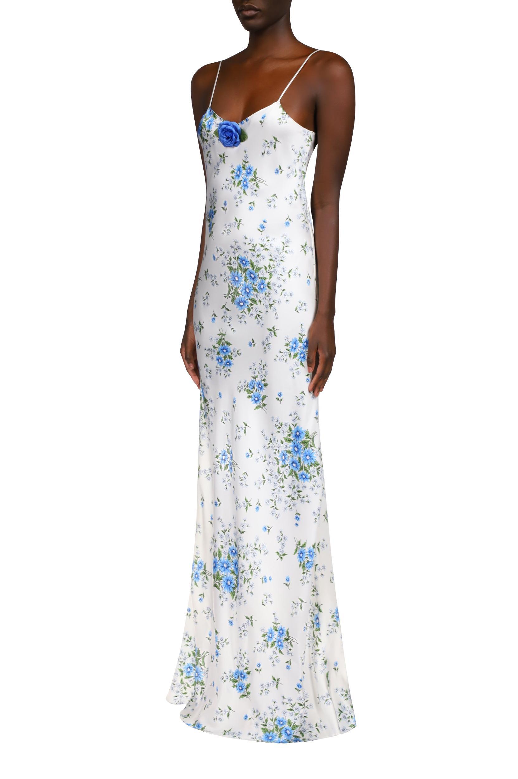 White And Blue Daisy Bias Silk Slip With Silk Rosette Product Image