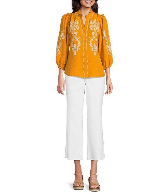 Calessa Petite Size Embroidered Placement Print Ruffle Split V-Neck 3/4 Sleeve Button Front Tunic Product Image