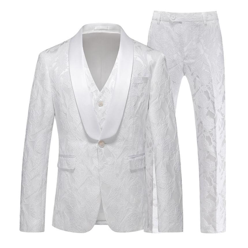 Lapel Collar Floral Single Breasted Blazer / V-Neck Vest / Mid Rise Plain Wide Leg Dress Pants / Set Product Image
