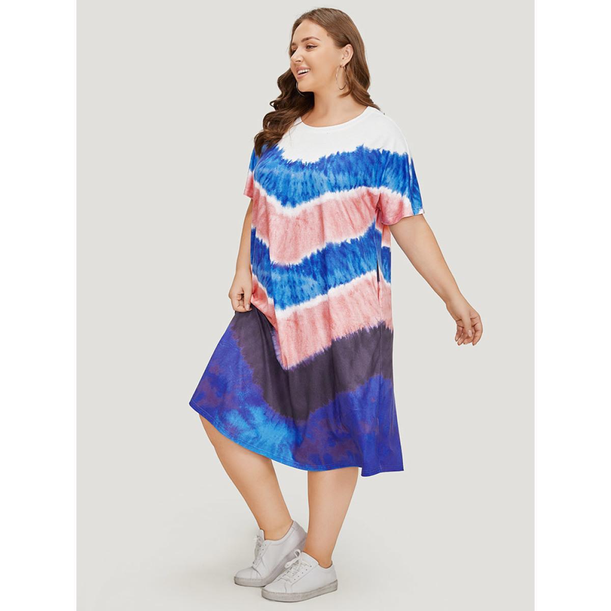 Plus Size Geometric Contrast Pocket Tie Dye Midi Dress Multicolor Women Casual Printed Round Neck Short sleeve Curvy Midi Dress BloomChic 18-20/2X Product Image
