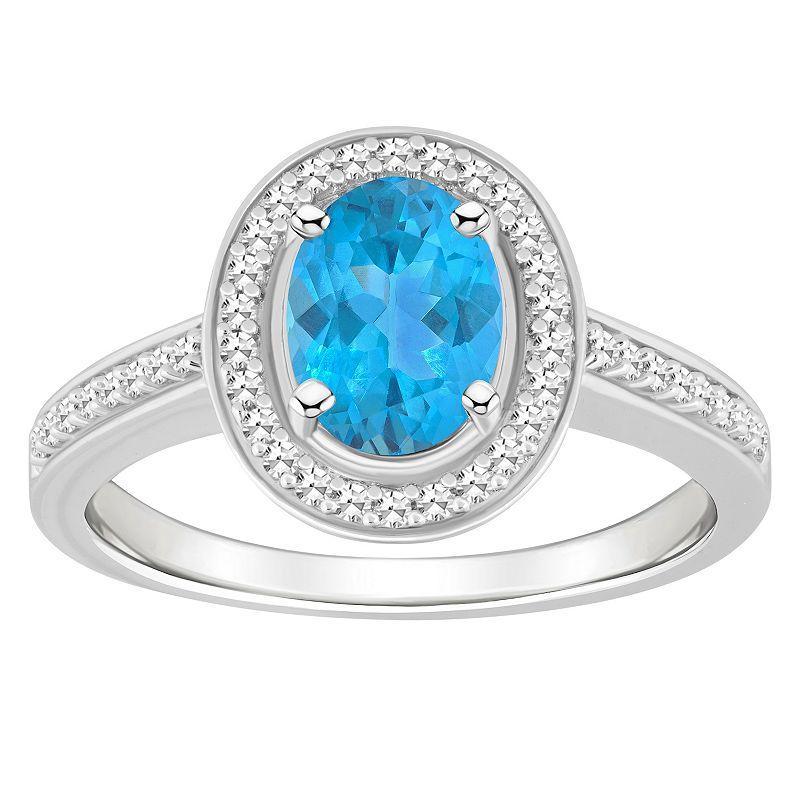 Celebration Gems Sterling Silver 8 mm x 6 mm Oval Gemstone & 1/5 Carat T.W. Diamond Halo Ring, Women's, Size: 10, Blue Topaz Product Image
