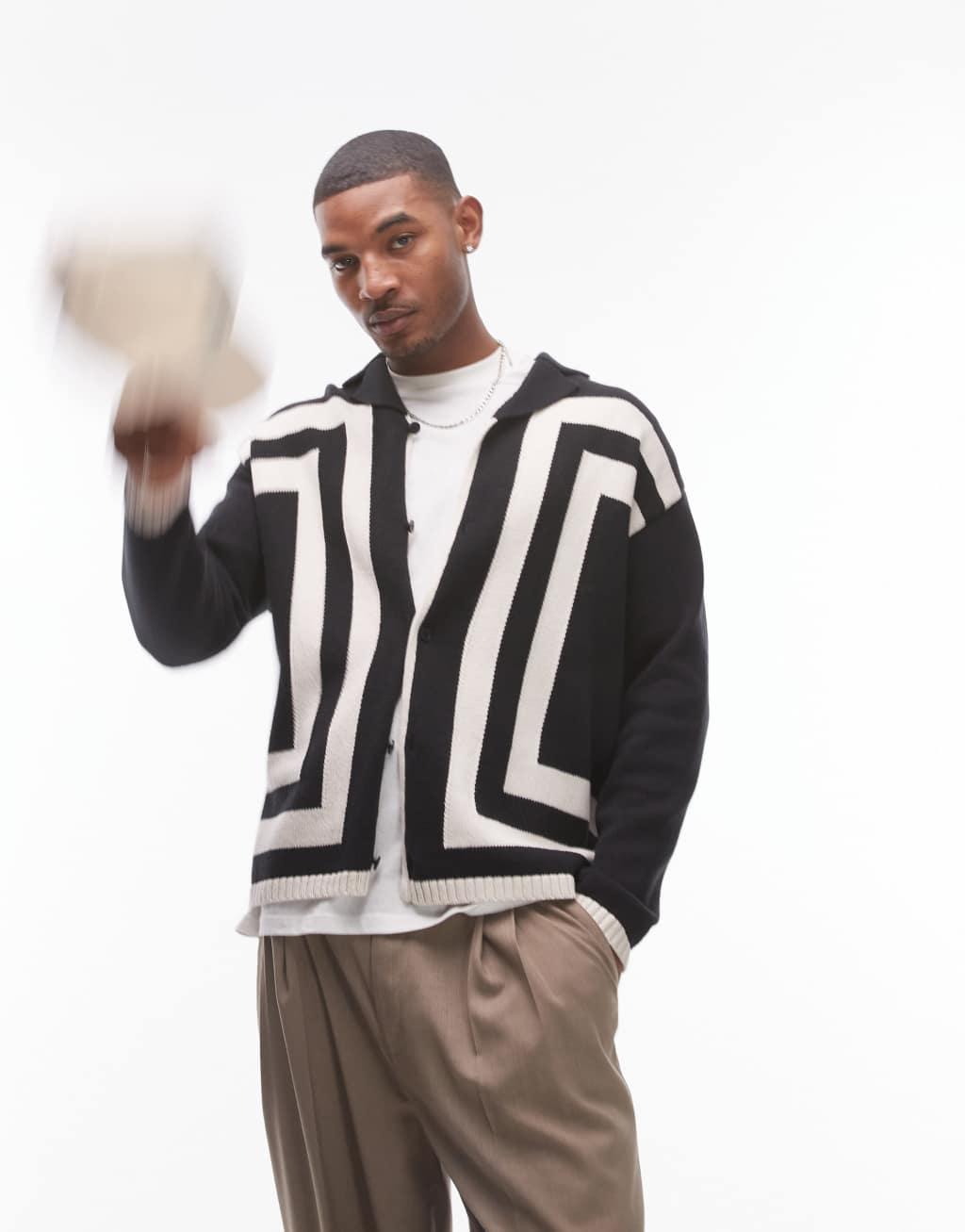 Topman knit crochet vertical stripe button through long sleeve shirt in black Product Image