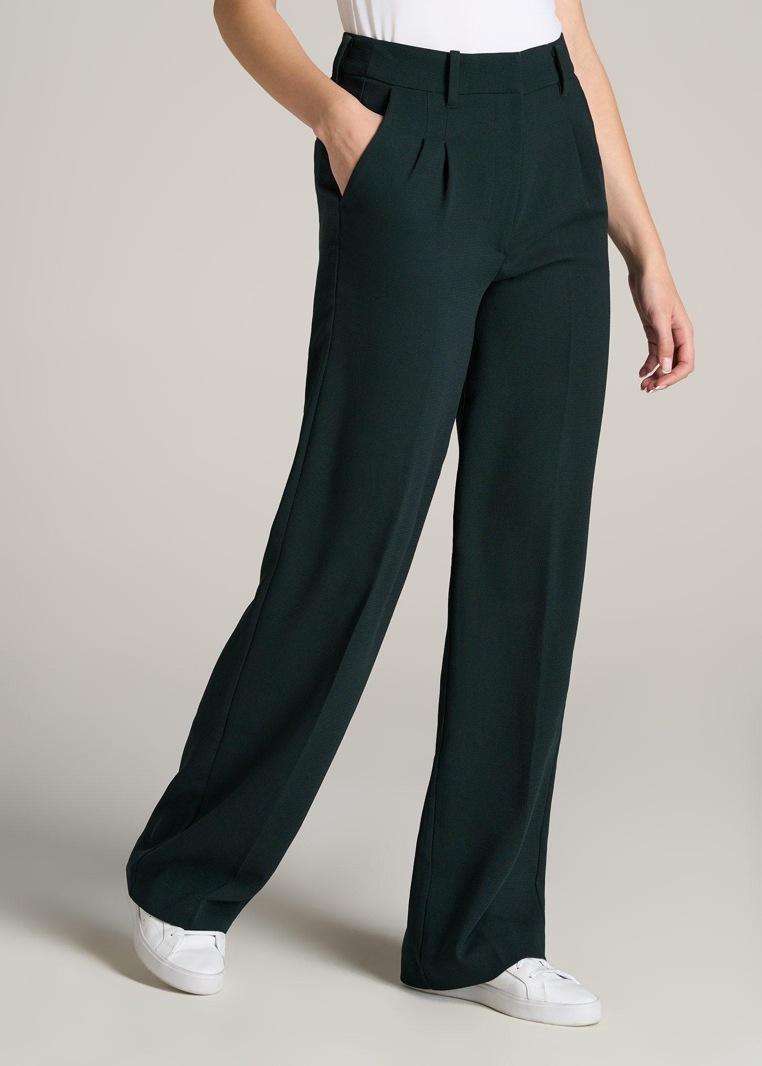 Pleated WIDE Leg Dress Pants for Tall Women in Midnight Green Product Image