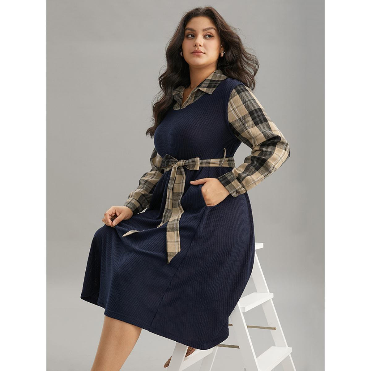 Plus Size Plaid Patchwork Rib Knit Shirt Collar Belted Dress Indigo Women Office Printed Shirt collar Long Sleeve Curvy Midi Dress BloomChic 22-24/3X Product Image