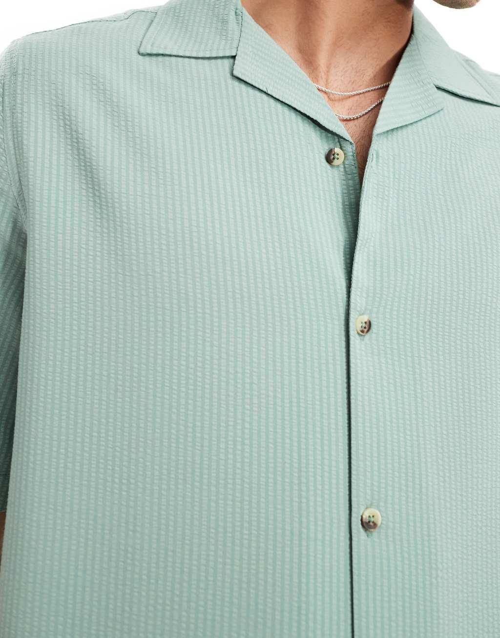 ASOS DESIGN short sleeve relaxed fit camp collar textured shirt in sage green Product Image