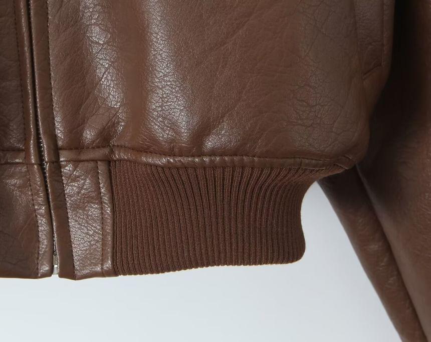 Plain Faux Leather Crop Zip Bomber Jacket Product Image