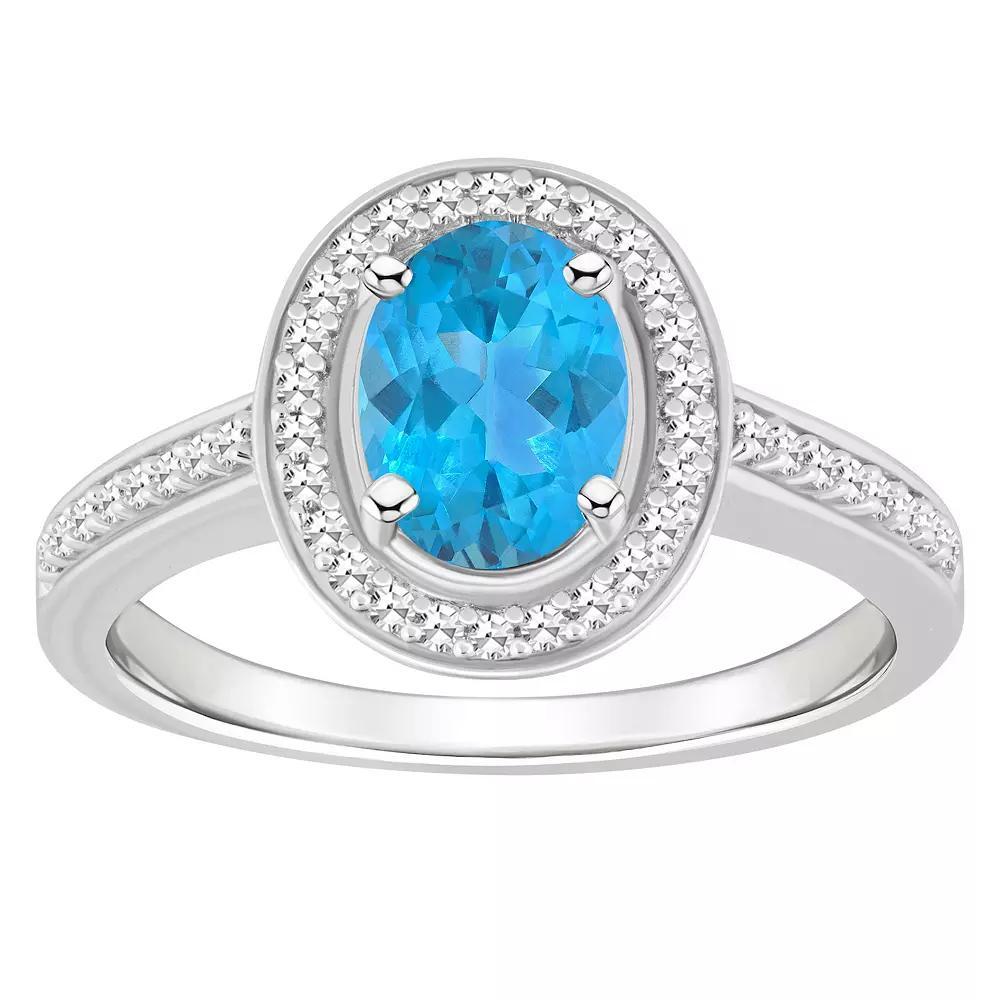 Celebration Gems Sterling Silver 8 mm x 6 mm Oval Gemstone & 1/5 Carat T.W. Diamond Halo Ring, Women's, Size: 10, Blue Topaz Product Image