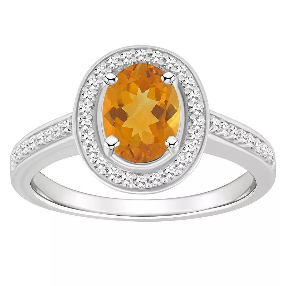 Celebration Gems Sterling Silver 8 mm x 6 mm Oval Gemstone & 1/5 Carat T.W. Diamond Halo Ring, Women's, Citrine Product Image