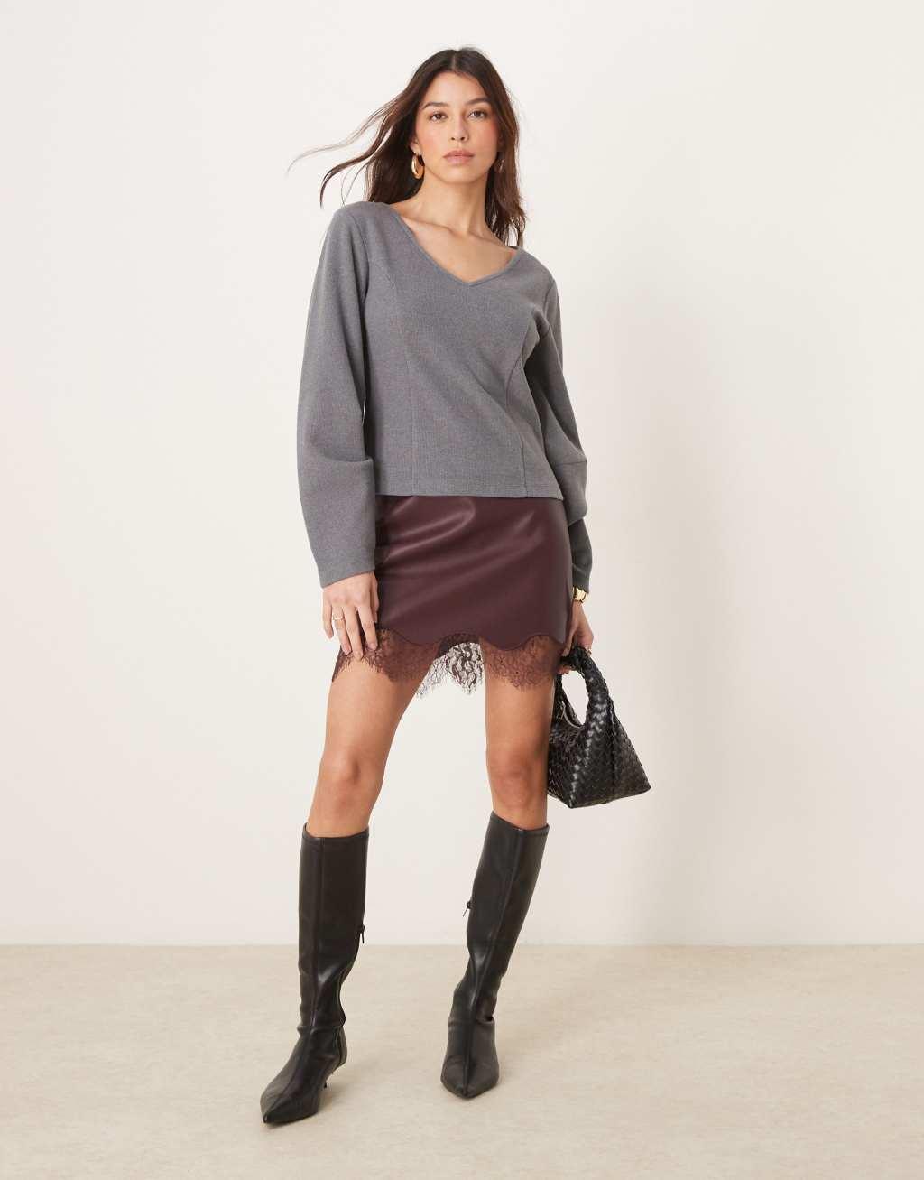 ASOS DESIGN cocoon brushed v neck top in light gray Product Image